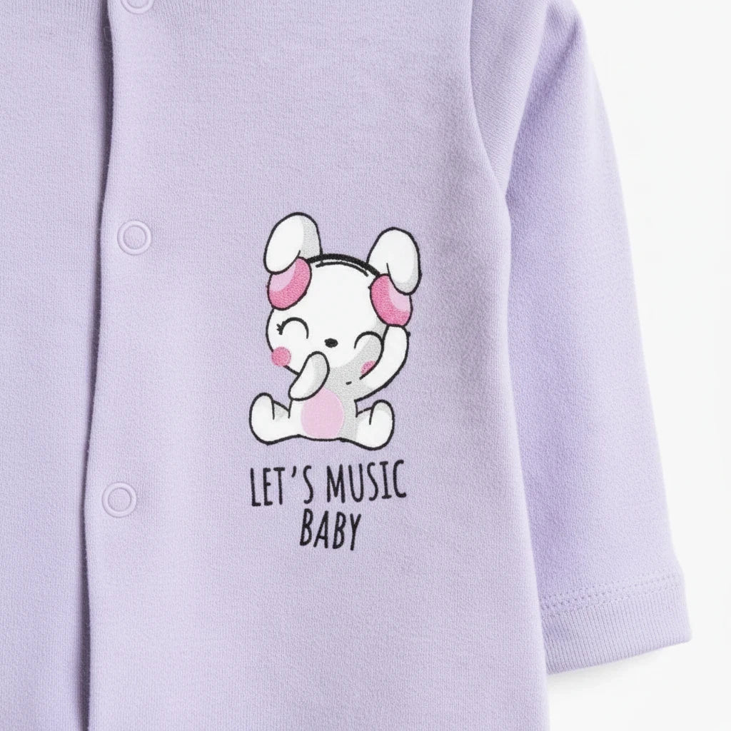 سالوبيت أطفال قطني باللون البنفسجي الفاتح من Unicorn Baby Store مع رسمة أرنب لطيفة وعبارة Let's Music Baby