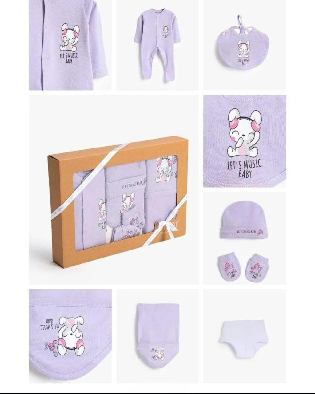 طقم هدايا مواليد من Unicorn Baby Store باللون البنفسجي، يتضمن سالوبيت، طاقية، جوانتي، وبافتة قطن بتصميم أرنب لطيف.
