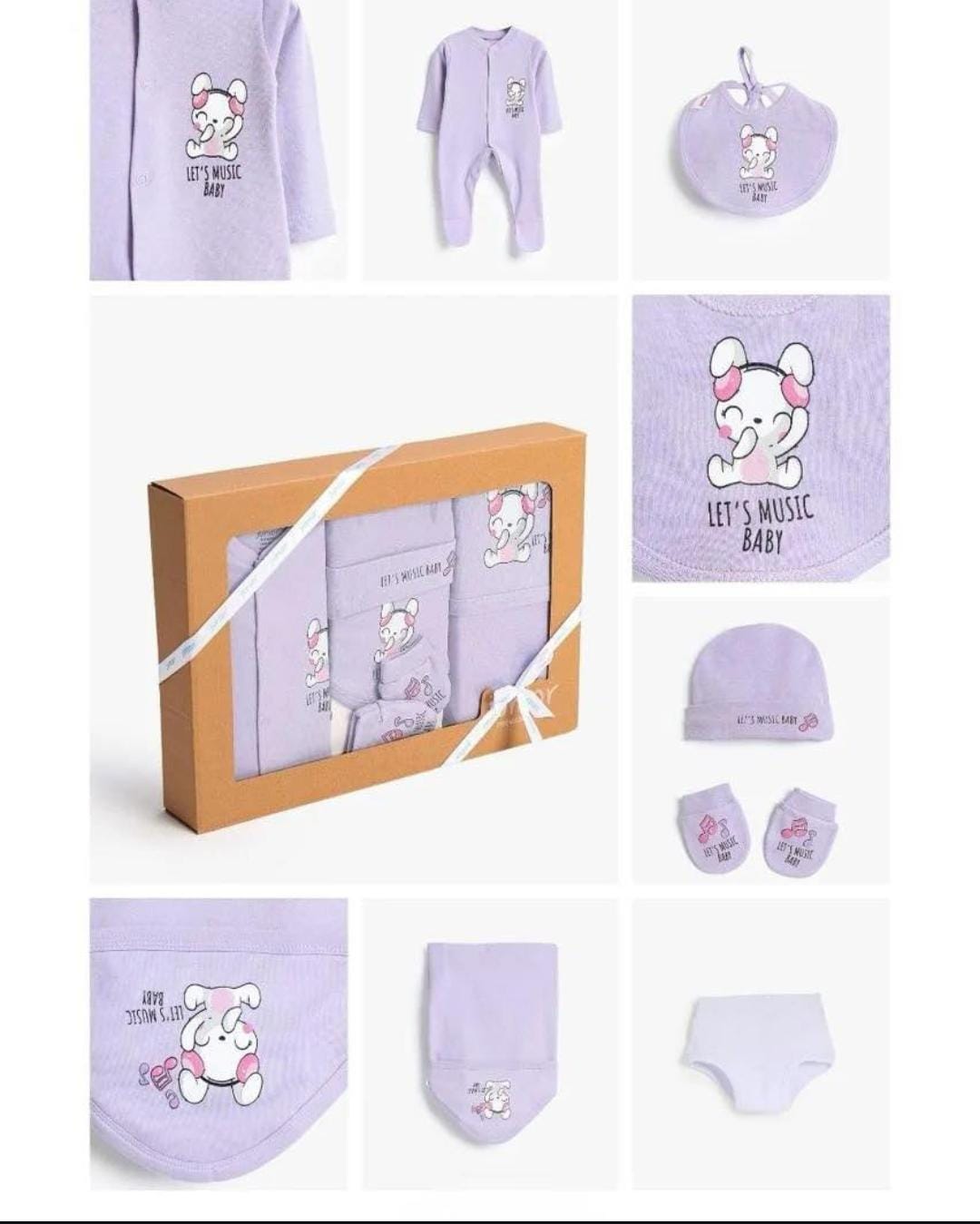 طقم هدايا مواليد من Unicorn Baby Store باللون البنفسجي، يتضمن سالوبيت، طاقية، جوانتي، وبافتة قطن بتصميم أرنب لطيف.