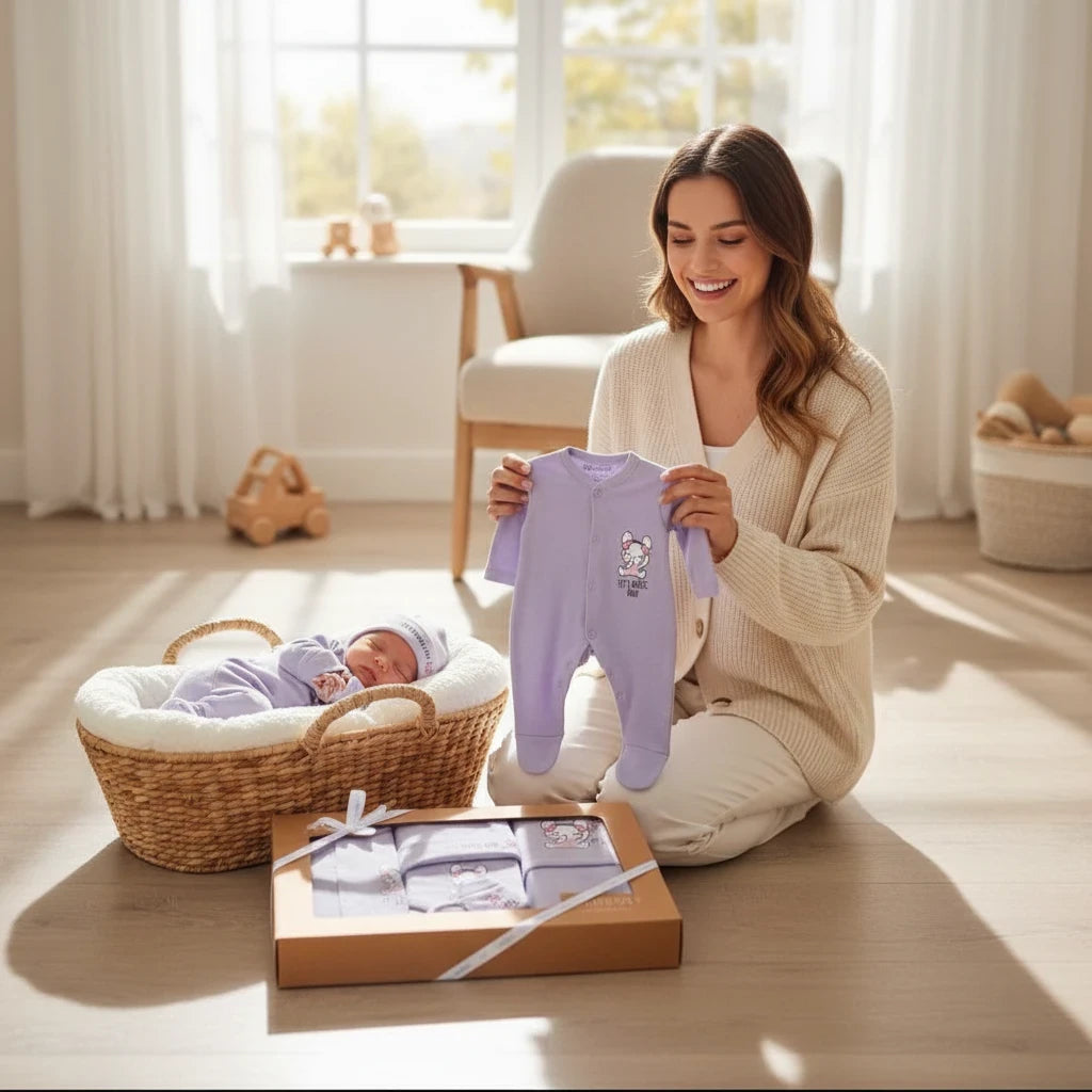 طقم هدايا ولادة من Unicorn Baby Store يتضمن سالوبيت قطني بنفسجي وقبعة وجوانتي وبافتة وكوفرتة لمولود جديد